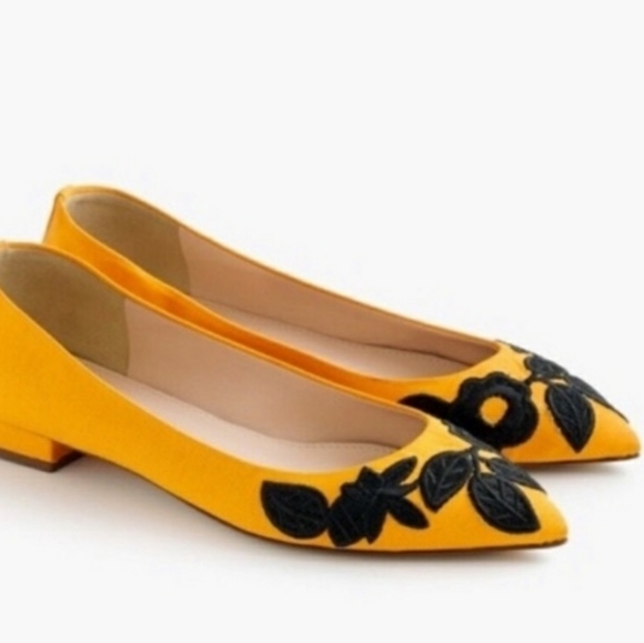 J. CREW embroidered flower yellow pointed toe ballet flats spring summer - Picture 1 of 12